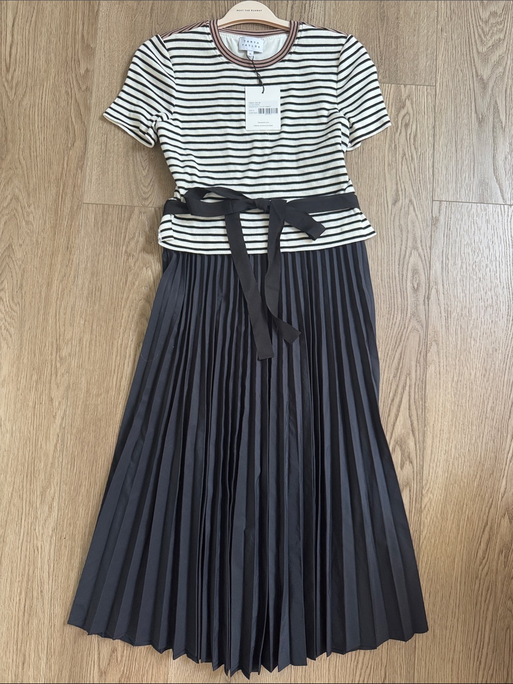Tanya Taylor Cream & Black Striped Top with Black Pleated Skirt